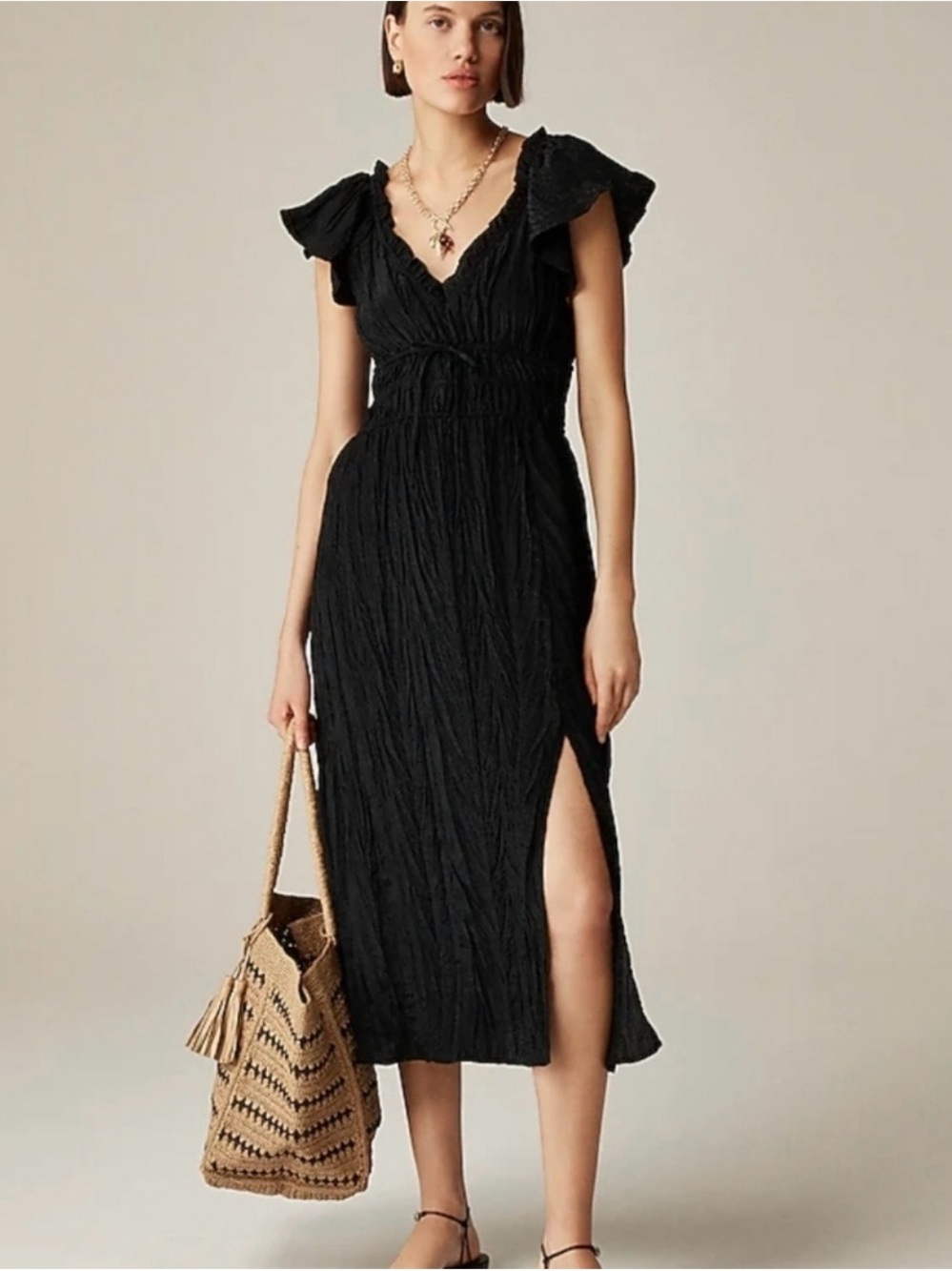 J Crew Palermo Crinkle Dress - Black V-Neck Flutter Sleeve Maxi Dress
